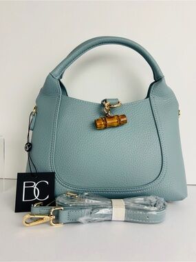 BC Bags Womens Handbag PU Pebbled Light Blue Matching Pouch Adjustable Strap NWT
